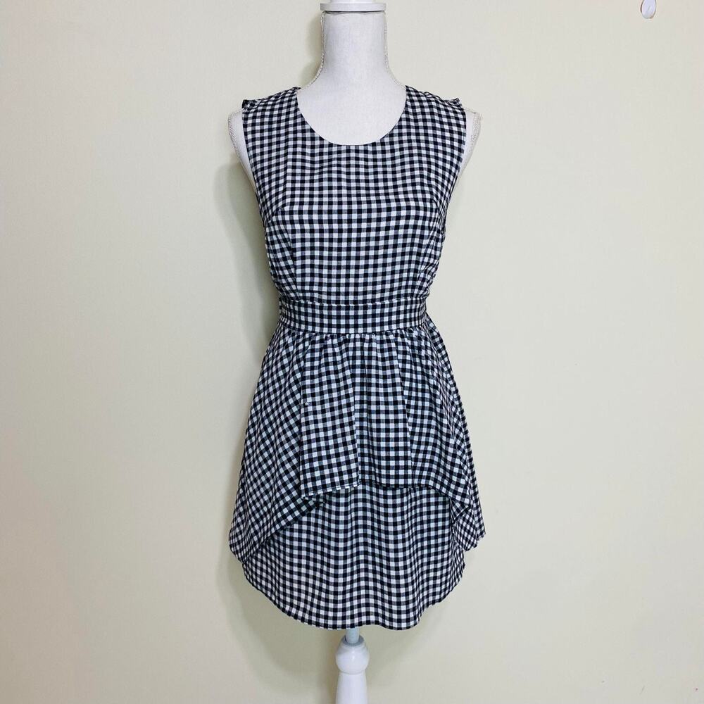 Black‎ & White Checkered Gingham Short Dress for Women, XS,Peplum